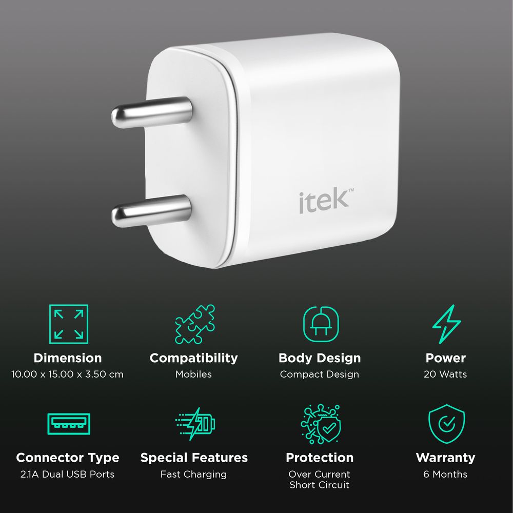 Buy Itek 20W Type A & Type C 2Port Fast Charger (ShortCircuit